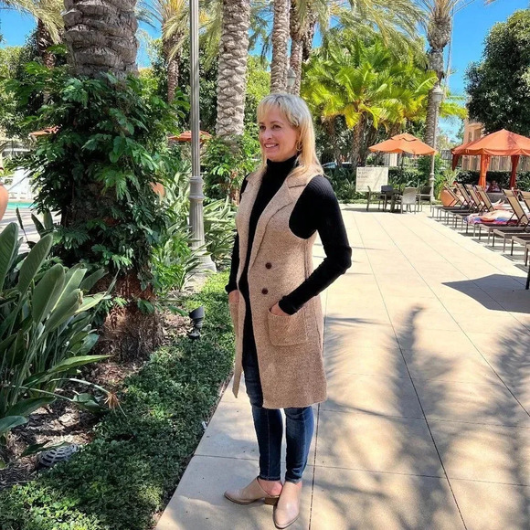 Long Sweater Vest Heather Khaki/Brown Open Front Pockets Cozy Soft Short Sleeve - Picture 3 of 6